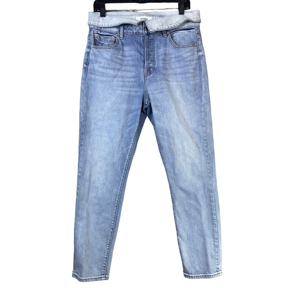 Pistola Nico High Waisted Skinny Fold Over Waist Mom Jeans Light Blue Size 30